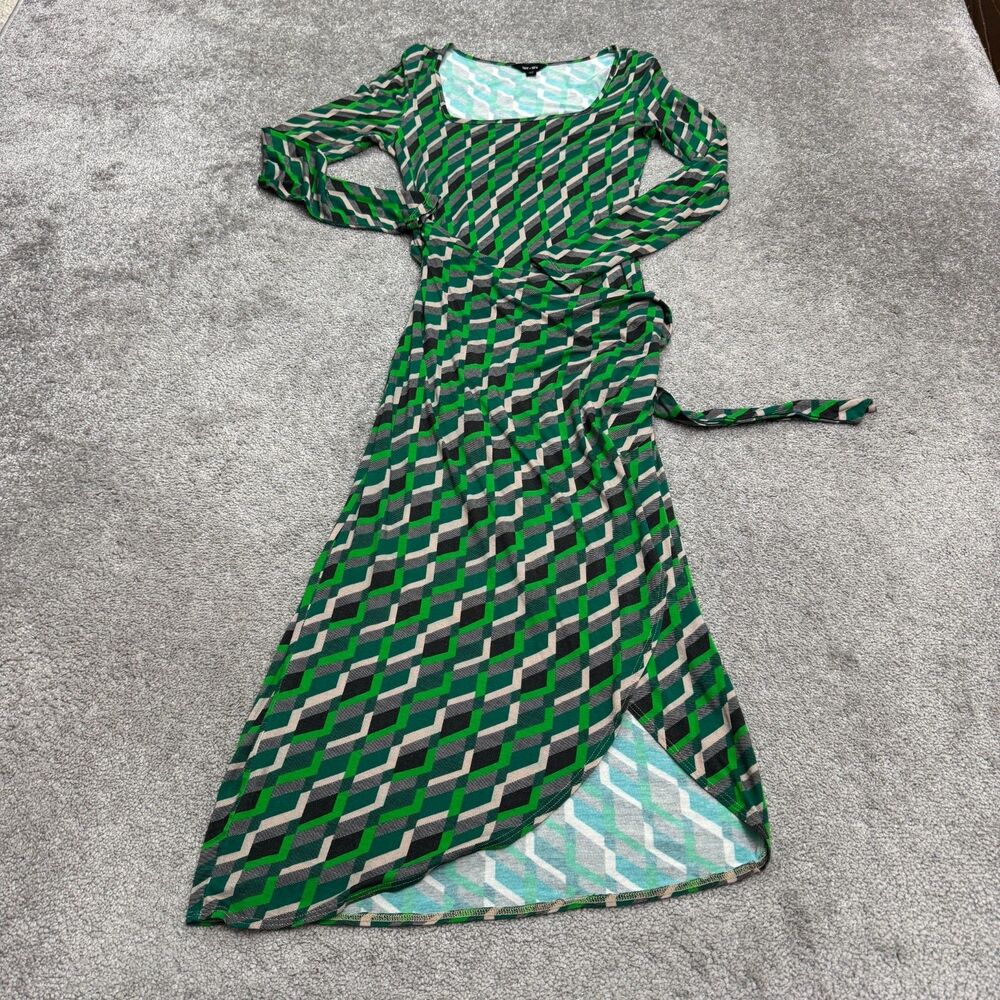 Saint + Sofia Geometric Chevron Midi wrap Dress Womens 4 Green Asymmetric Hem